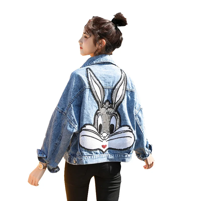

QNPQYX Streetwear Rabbit Cartoon Denim Jacket Women Autumn New Korean Students Loose and Thin All-match Short Jackets Women