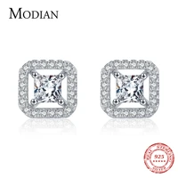 modian authentic 925 sterling silver twinkling geometric square stud earrings for women classic wedding engagement jewelry