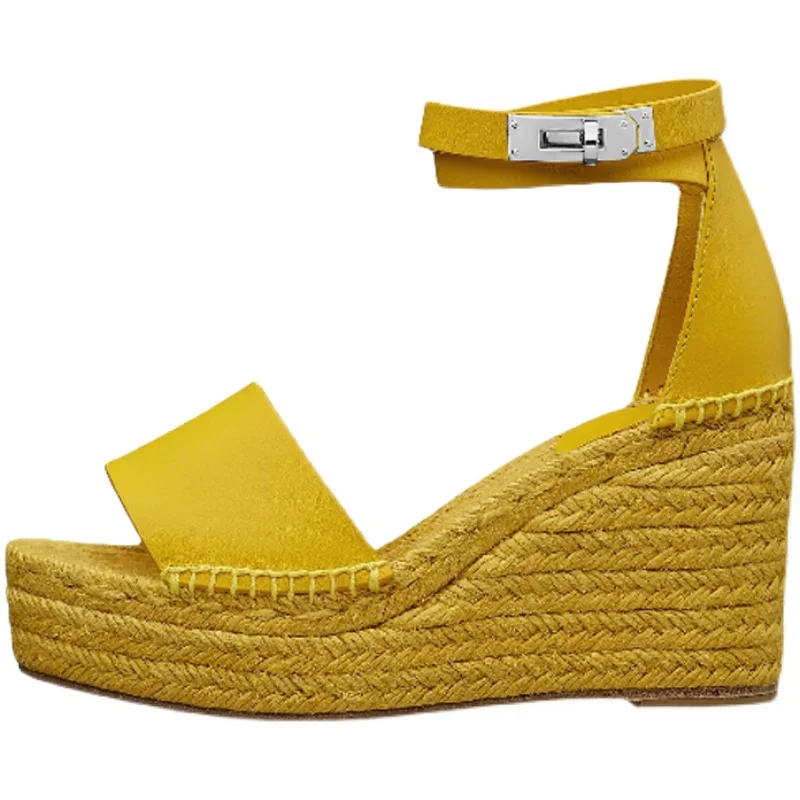 

New woman's summer straw wedge Fashionable sandals High heels and thick bottom gladiator Women Fish mouth shoes Blue Yellow Big