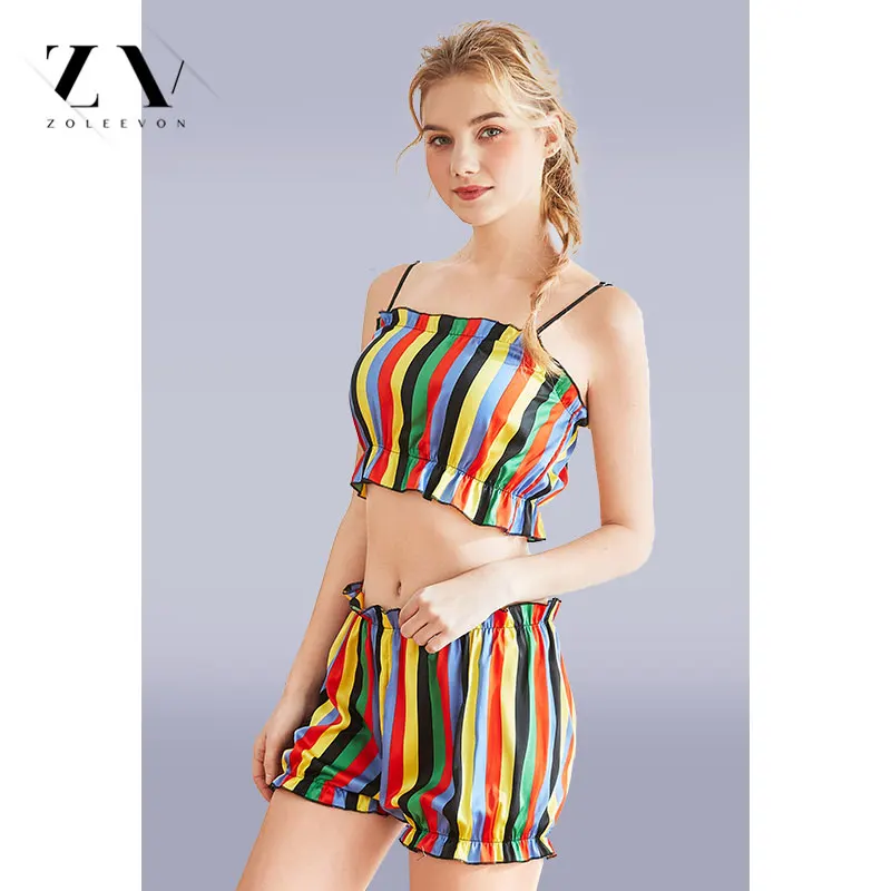 ZOLEEVON 3 Pcs Striped Sexy Women Pajama Sets Bra+Robe+Pant Female Pajamas vintage women robes rainbow | Женская одежда