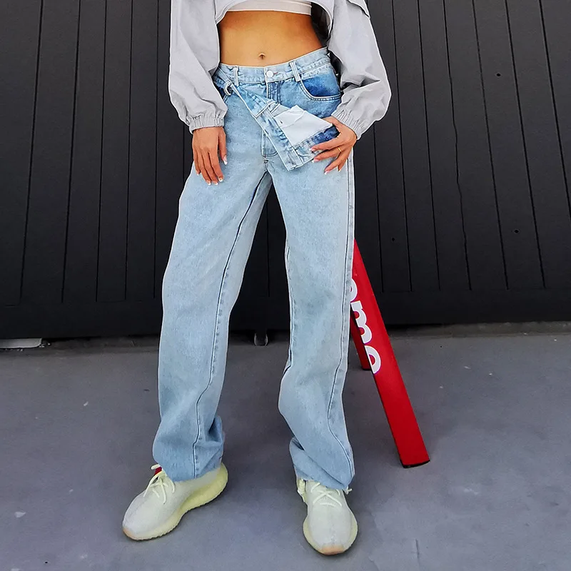 

Прямые джинсы, женские джинсы с завышенной талией, джинсовые брюки с двойной талией, женские свободные джинсы полной длины, Универсальные д...