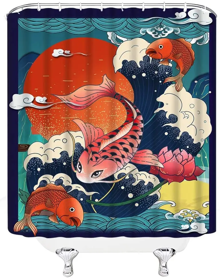 Занавеска для душа с рыбками кои Hokusai большая волна полный искусственный Лотос