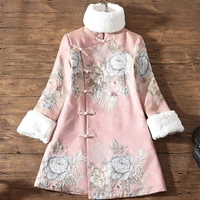 winter new style young dress embroidered fur collar thickened hanfu improved version cheongsam coat girlthicken tang suit