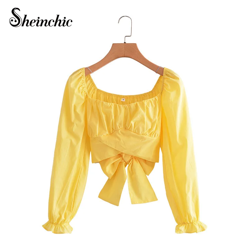 

Elegant Yellow Bow Tops Women 2021 Korean Fashion Summer Clothes Elegant Long Sleeve Cotton Blouses Femme