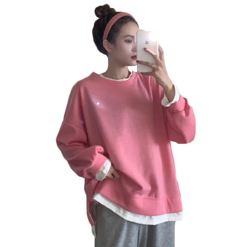 

Fake Two-piece Pullover Sweater Women 2021 Spring New Korean Loose Long Sleeves Outerwear Casual Fashion Sweaters Female JD1447