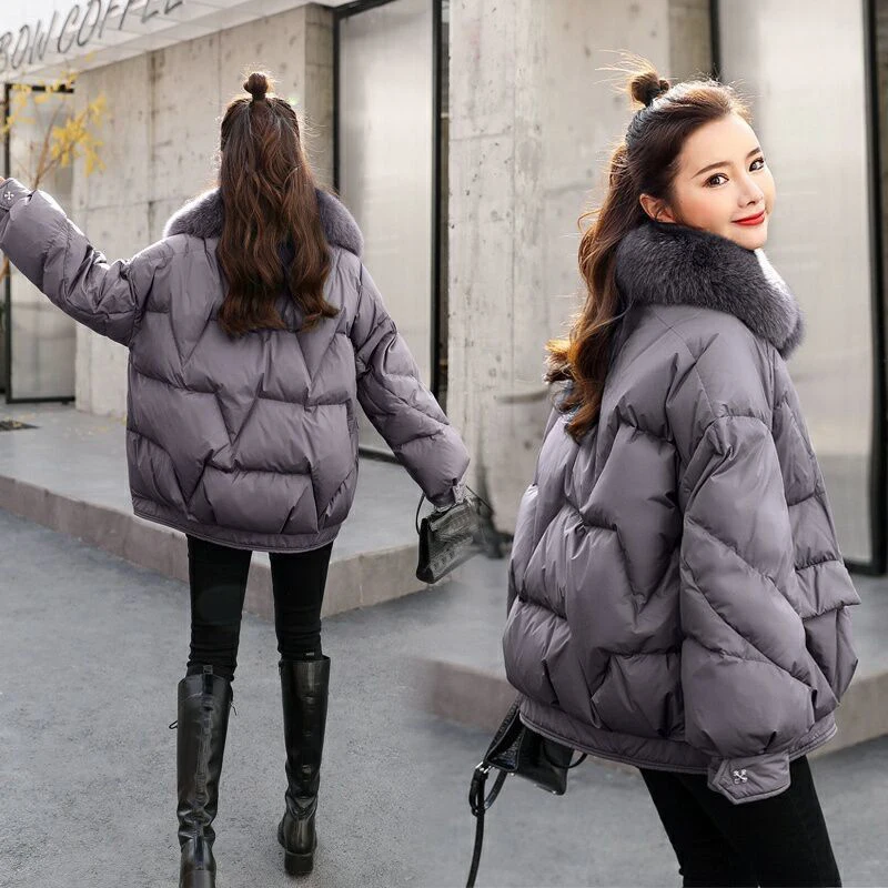 Big Fur Collar Padded Jacket Women Winter Thick Warm Short Parka Female Casual Streetwear Windproof Jacket Outerwear Winter