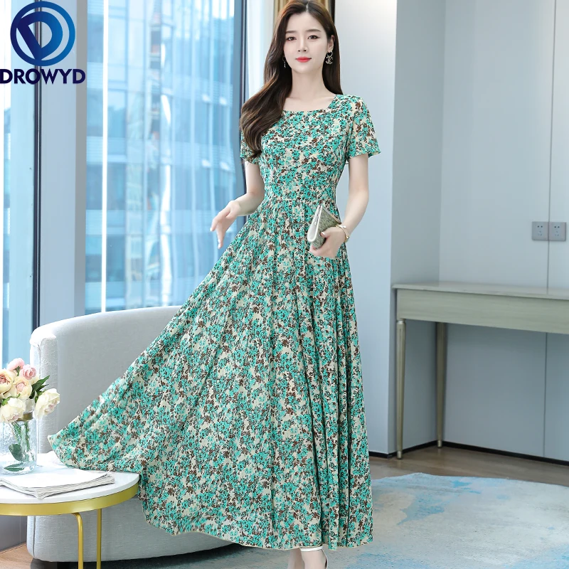 

Размера плюс, Модное шифоновое платье миди с цветочным принтом для женщин 2021 повседневная одежда с О-образным вырезом, с изображением синег...