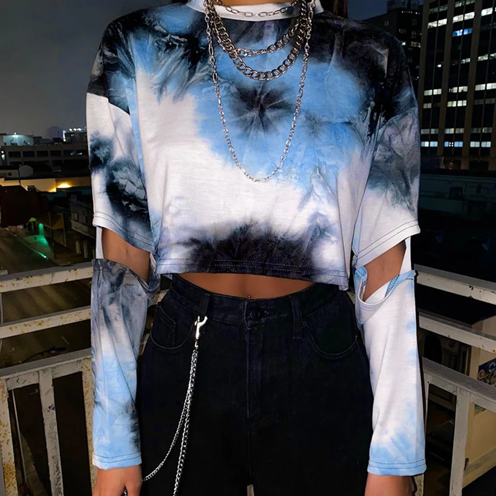 

Tie Dye Crop Tops Long Sleeve O Neck Streetwear Clothing Short Hoodie Women Short Section Exposed Navel Top Sweatshirt