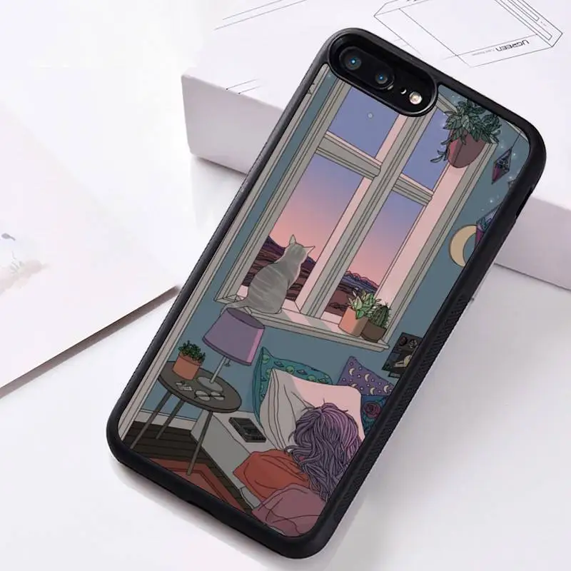

Japanese style Art Aesthetic Girl Cat Phone Case Rubber For iphone 12 11 Pro Max Mini XS Max 8 7 6 6S Plus X 5S SE 2020 XR cover
