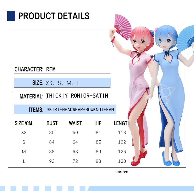 

Re:Zero kara Hajimeru Isekai Seikatsu Rem/Ram Cosplay Costume Cheongsam Dress Carnival/Halloween Party Costumes for Women XS-L