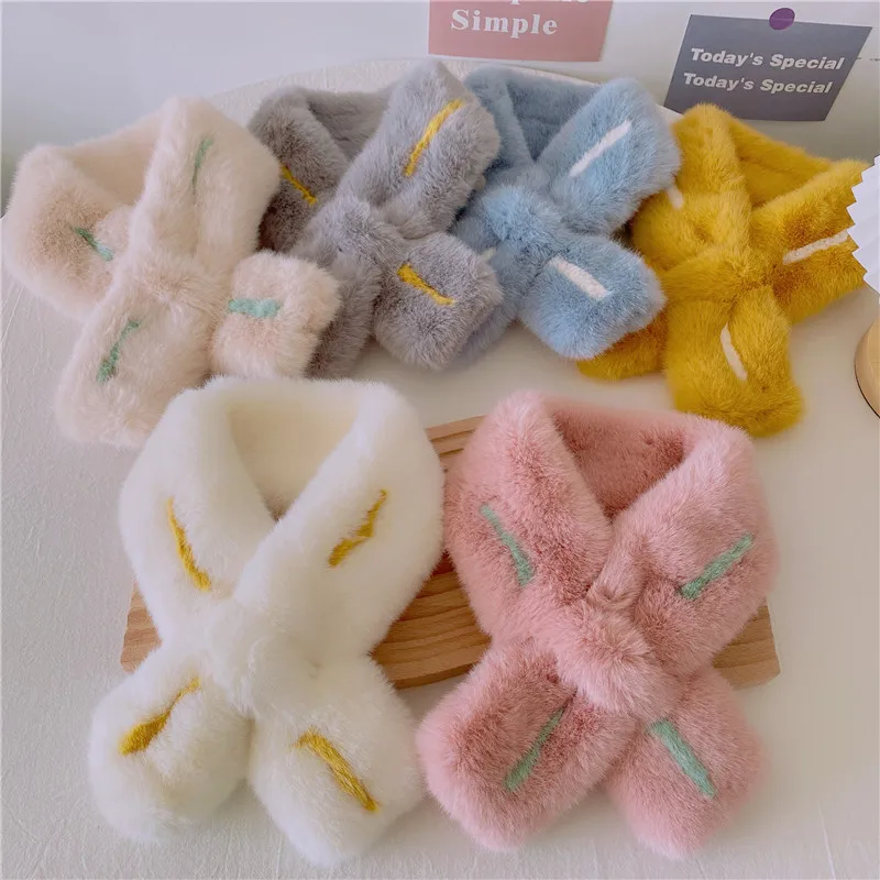 

New Arrival 2021 Kids Baby Scarf for Boys Girls Winter Warm Soft Fur Plush Cross Collar Neck Ring Scarf Striped Children Scarves