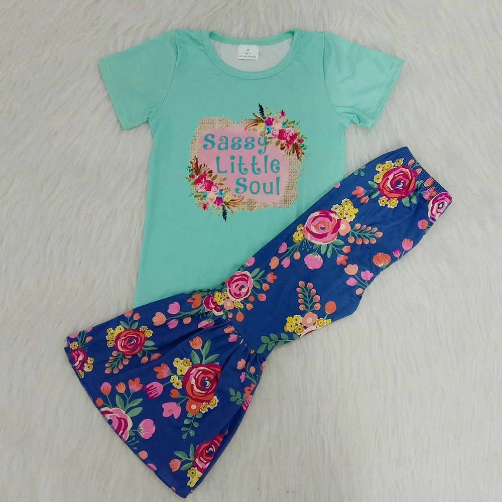 

Hot sale children kids baby girls fashion letter print mint top beautiful floral pants outfits 2pcs sets clothing