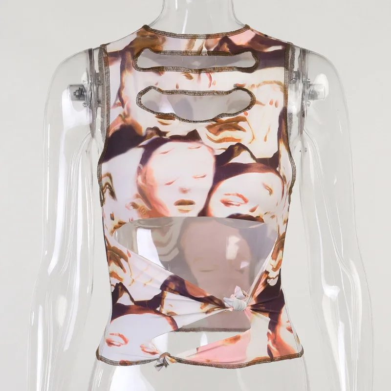 

Yuqung Women Print Tank Top Hollow Out Sleeveless Y2K Graphic Slim Crop Top Summer 2021 Hip Hop Vest Fashion Streetwear Tees