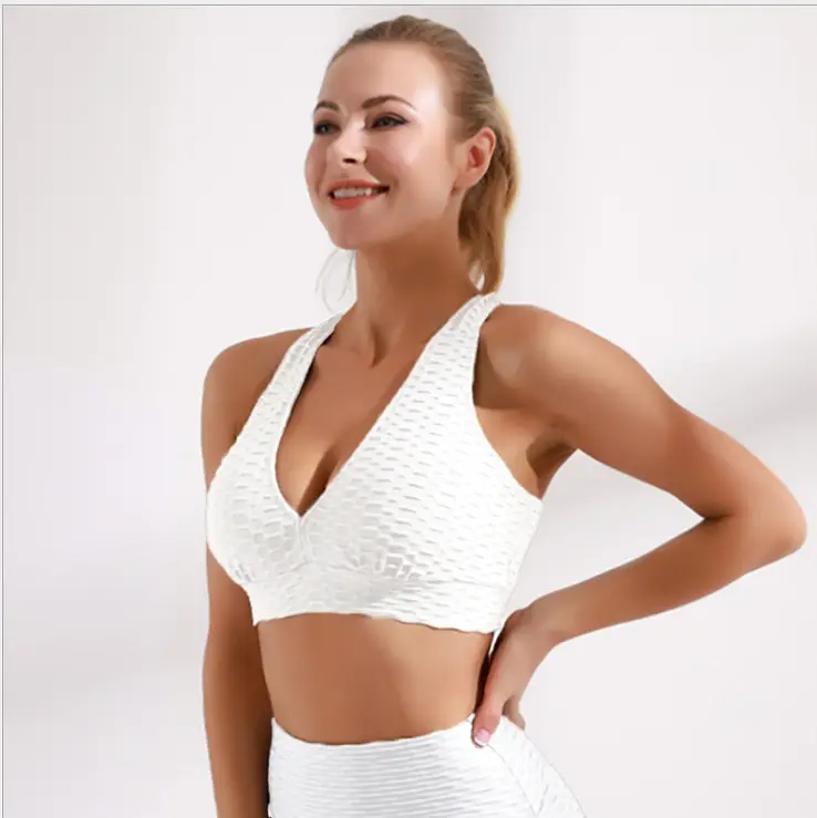 

Hot sale solid color sexy suspenders underwear women's fitness sports vest jacquard solid color yoga bubble vest HZB15