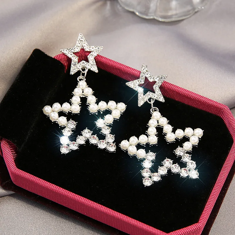 

LATS Western Fashion Zircon Pearl Dangle Earrings for Women Pentagram Pendant Earrings 2020 New Classic Fashion Jewelry Earings