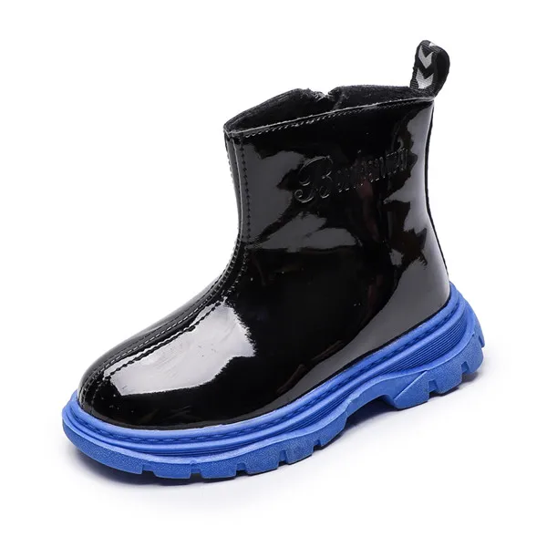 blue sole Детские ботинки; Новинка года; детская обувь унисекс; Яркая кожаная обувь для девочек; водонепроницаемые ботинки на молнии для мальчиков; мягкие модные ботинки для девочек - Цвет: blue sole