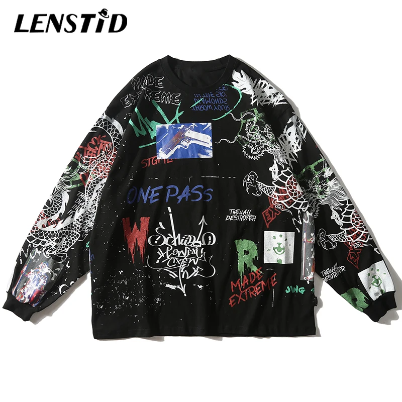 LENSTID граффити печати с длинными рукавами мужские футболки хип хоп хипстер панк