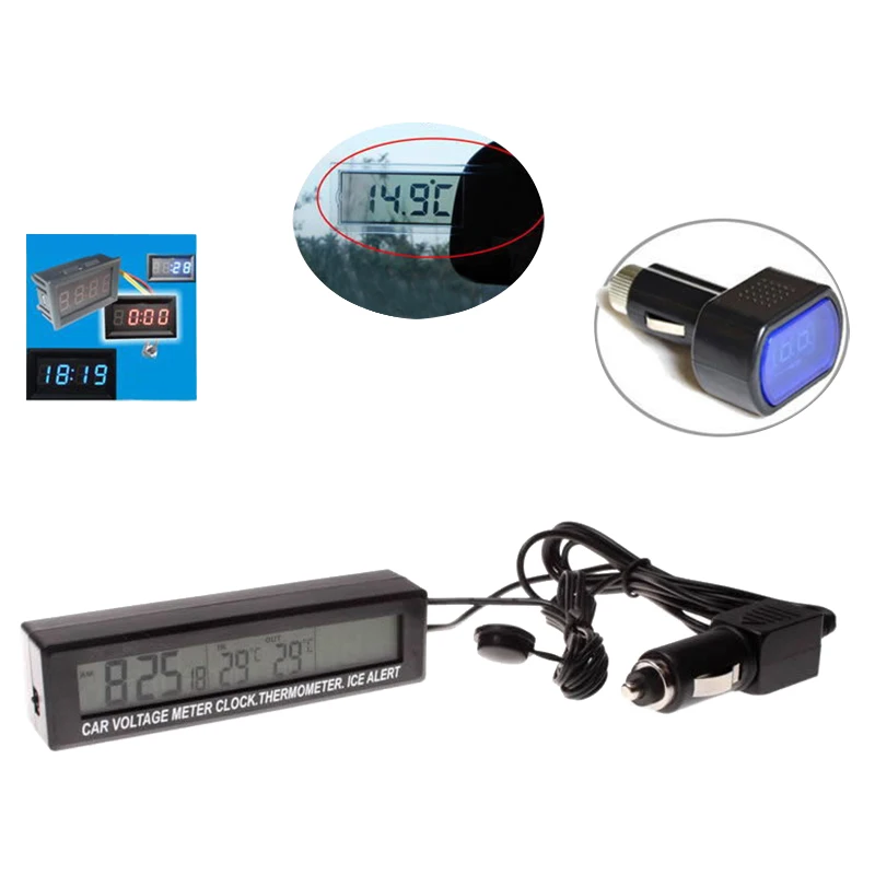 LED Car Backlight Digital Thermometer Clock Indoor Outdoor Temperature Voltage Meter with Cigarette Socket |