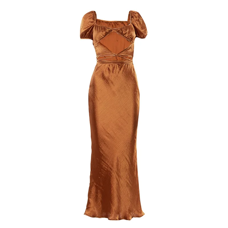 

Pure Color Female New Hollow Fashion Lace-up Mini Dress 2021 Summer Short-sleeved Lace-up Temperament High-waist Fishtail Dress