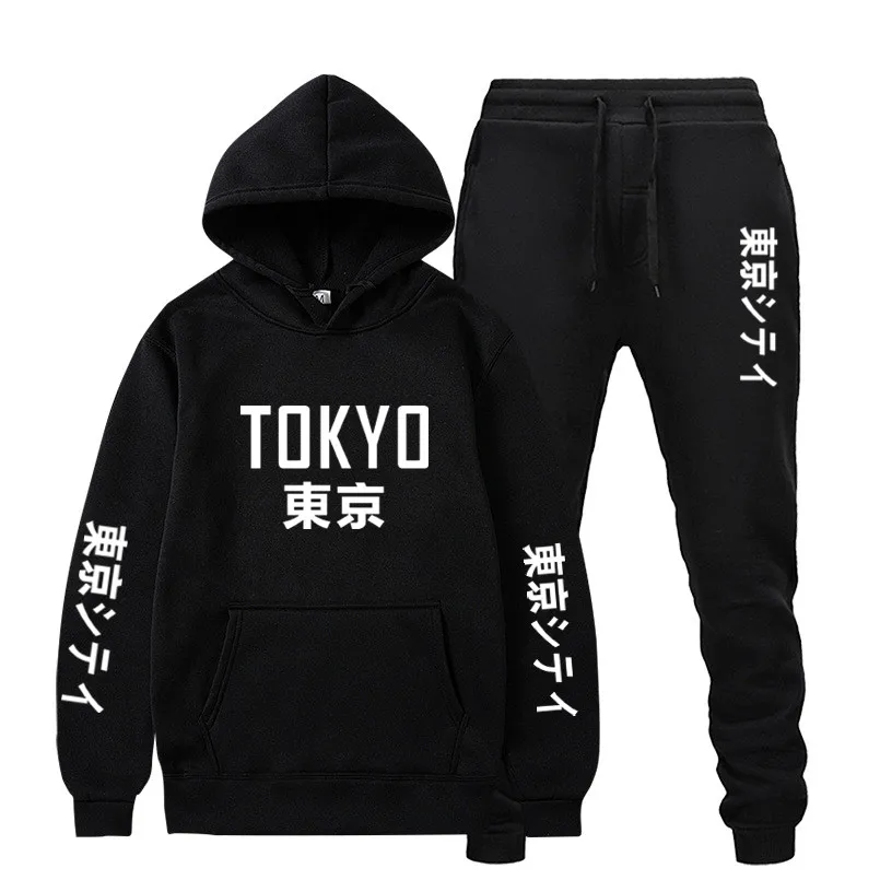 

2 piece set Hoodies Sweatpants Suit Harajuku Tokyo print tracksuit men women Casual sweatshirt fleece pants jogging sweatshirt