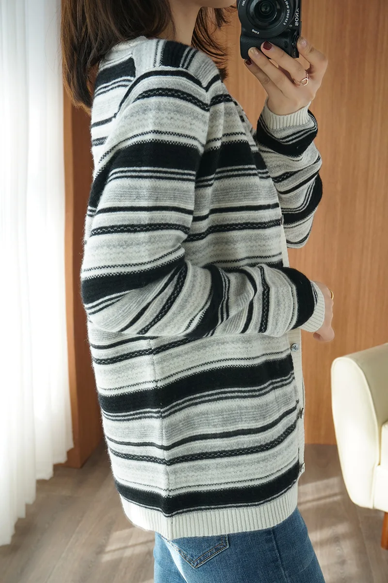 Осенний кашемировый кардиган с круглым вырезом женский шерстяной свитер