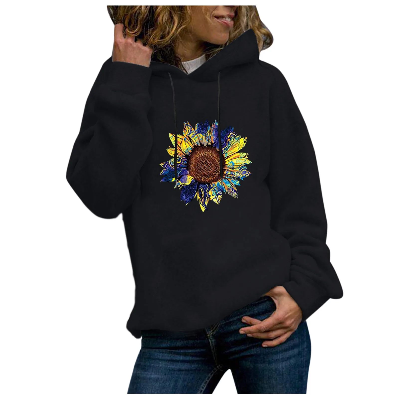 

Flower Print Sweatshirts Hoodies Autumn Ladies Clothing Women Harajuku Hooded Pullovers Casual Loose Hoodie Full Sleeve Tops