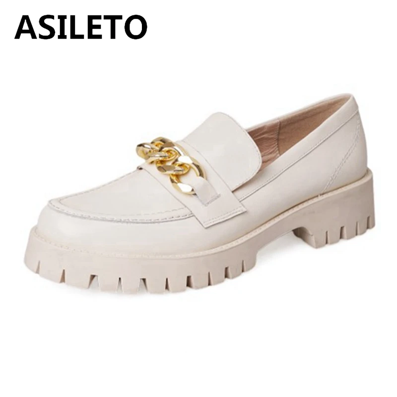 

Лоферы ASILETO из натуральной кожи, черные, белые, с металлическими цепочками, круглым носком, на платформе, на толстой подошве, блочный каблук, ...