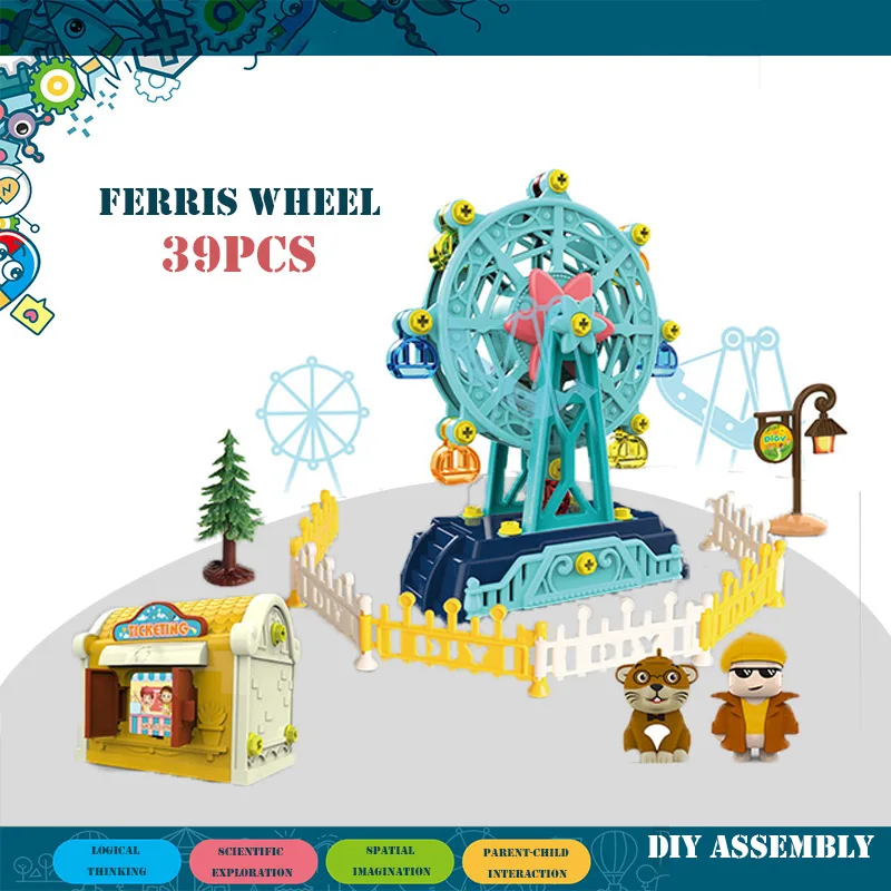 

Toy For Children Puzzle DIY Amusement Park Vibrato Assembly Building Blocks Adventure Ferris Wheel Pirate Ship Carousel Toy Gift