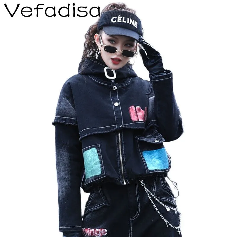 

Vefadisa Street Style Fashion Stitching Contrast Denim Jacket 2021 Winter New Plus Cotton Thick Loose Hooded Denim Jacket TT719