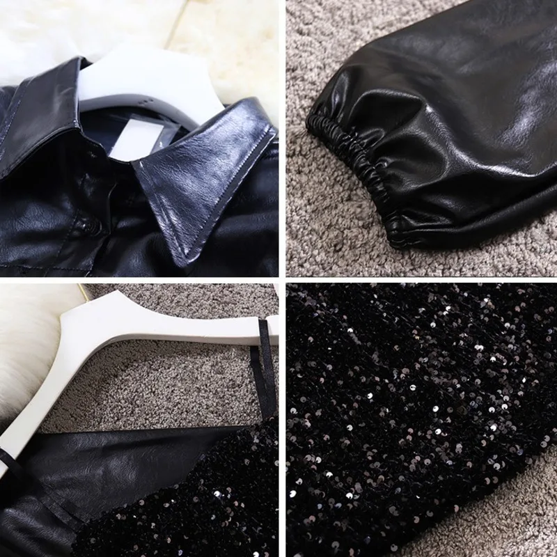 

Stand-up Collar Puff Sleeves Short Handsome Small Leather Sequin Temperament Leather Short Sling Dress Suit Female 2021 Autumn