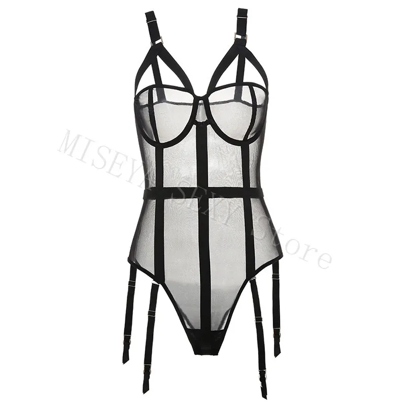 

Sexy Lace Mesh Jumpsuit Suspenders Plastic Body Suit Strap Bodysuit Women Garter Temptation Streetwear