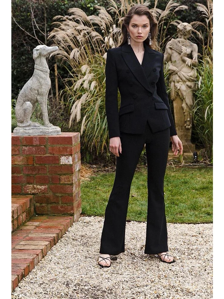 

Модные черные официальные женские комплекты с длинным рукавом, брюки с разрезом, сексуальные повседневные комплекты, сексуальная одежда дл...