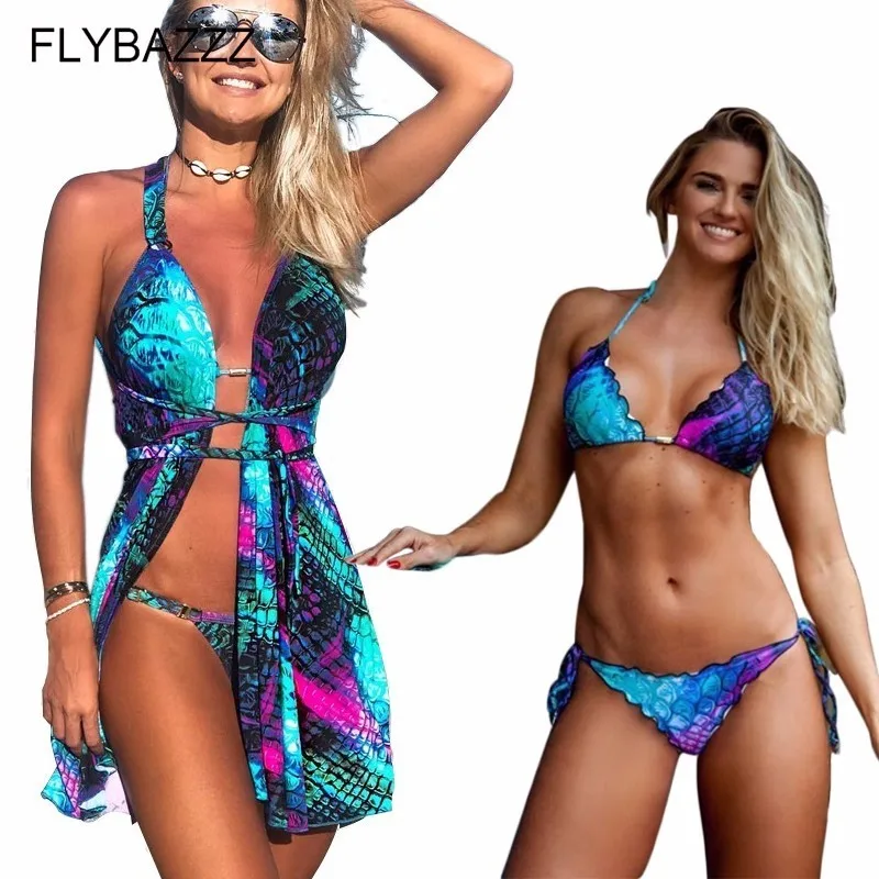 Женский купальник бикини с оборками комплект из 3 предметов пикантный принтом