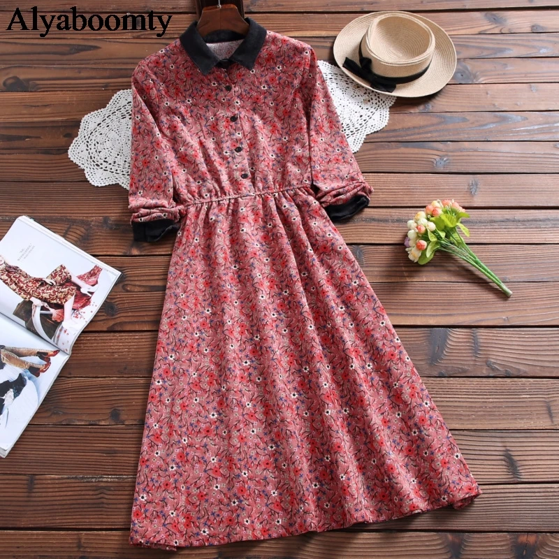 Женское платье средней длины в японском стиле Mori Girl с отложным воротником и