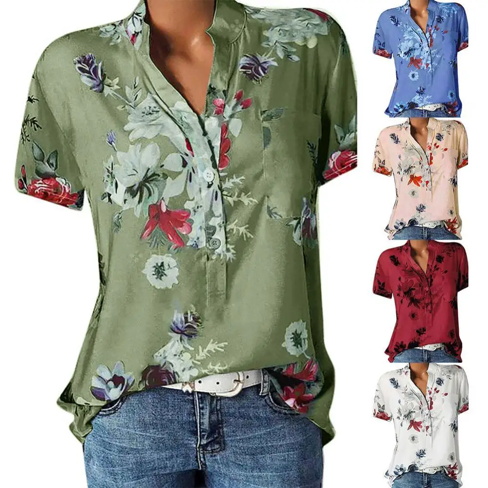 

Женская летняя блузка с цветочным принтом, коротким рукавом и V-образным вырезом