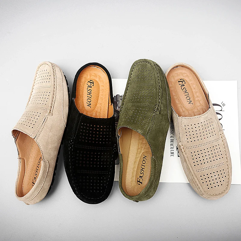 

FIXSYS High Quality Man Slippers Summer Hollow Breathable Sandals Suede Casual Mules Handmade Half Shoes Mens Slides Big Size 47