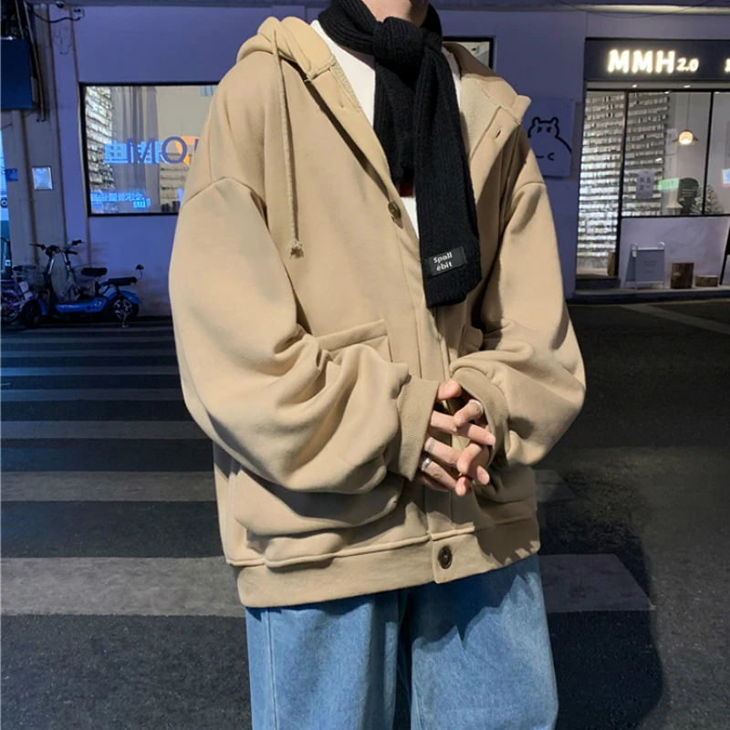

Jacket Men Hooded Letter Zipper Pockets Plus Velvet Thicker Fall Winter New Thermal Korean Style Trendy Leisure Male Clothes Bf