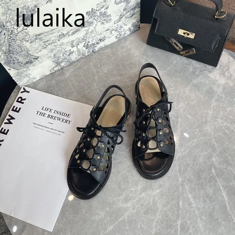 

2021 New Fashion Women Sandals Summer Genuine Leather Flat Rivets Lace Up Hollow Out Casual Sexy Peep Toe Large Size Shoes 35-40