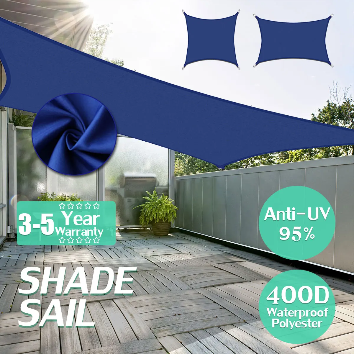 

2x4m 400D Sun Shade Sail Waterproof Rectangle Garden Beach Awning Camping Patio Pool Sun Canopy Tent Sun Shelter Royal Blue