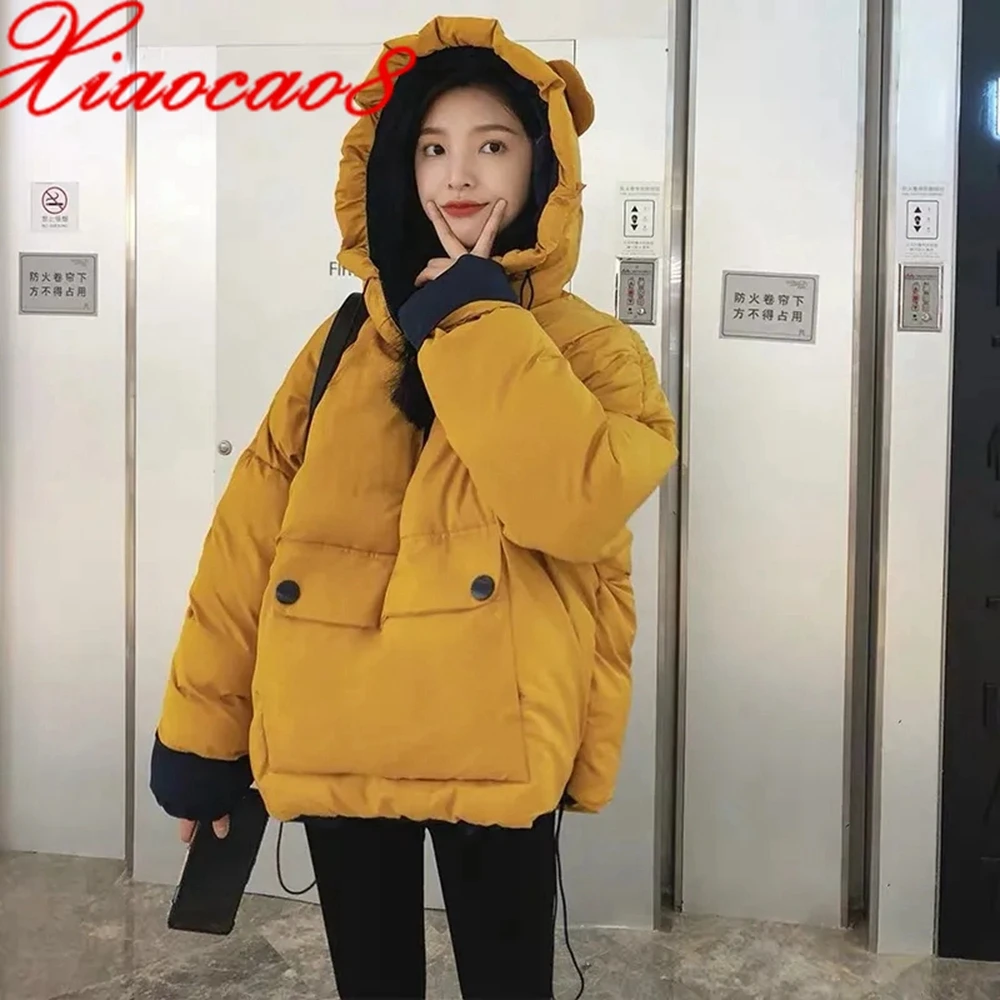 

Women's Hooded Winter Jacket Yellow Black Beige Cotton Padded Coat Female Korean Style Pullover Parkas Loose Short Outerwear