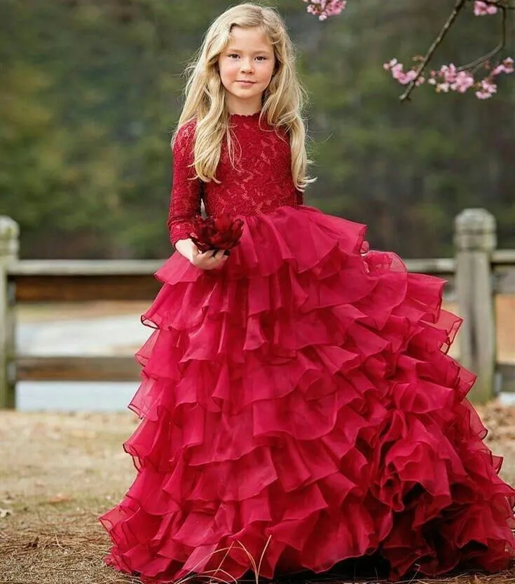 

Red Tiered Flower Girls Dresses For Weddings Jewel Neck Tulle Tiered Ruffles Puffy Birthday Children Girl Pageant Gowns