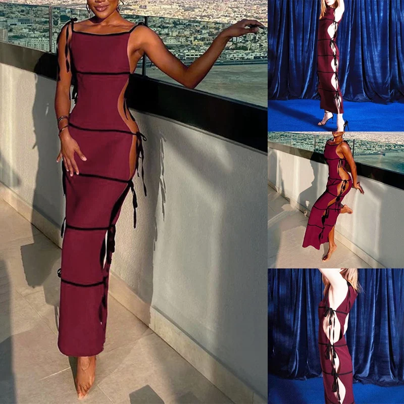 

Summer Fashion Sling Sleeveless Lace-Up Side Hollow One-Piece Dress