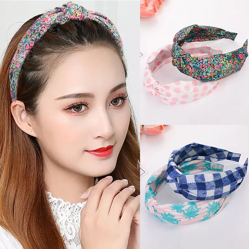 

1PC Sweet Printed Headband Spring Summer Fabric Headband Wide Brimmed Head Hoop Simple All-match Cross Knotted Hair Hoop