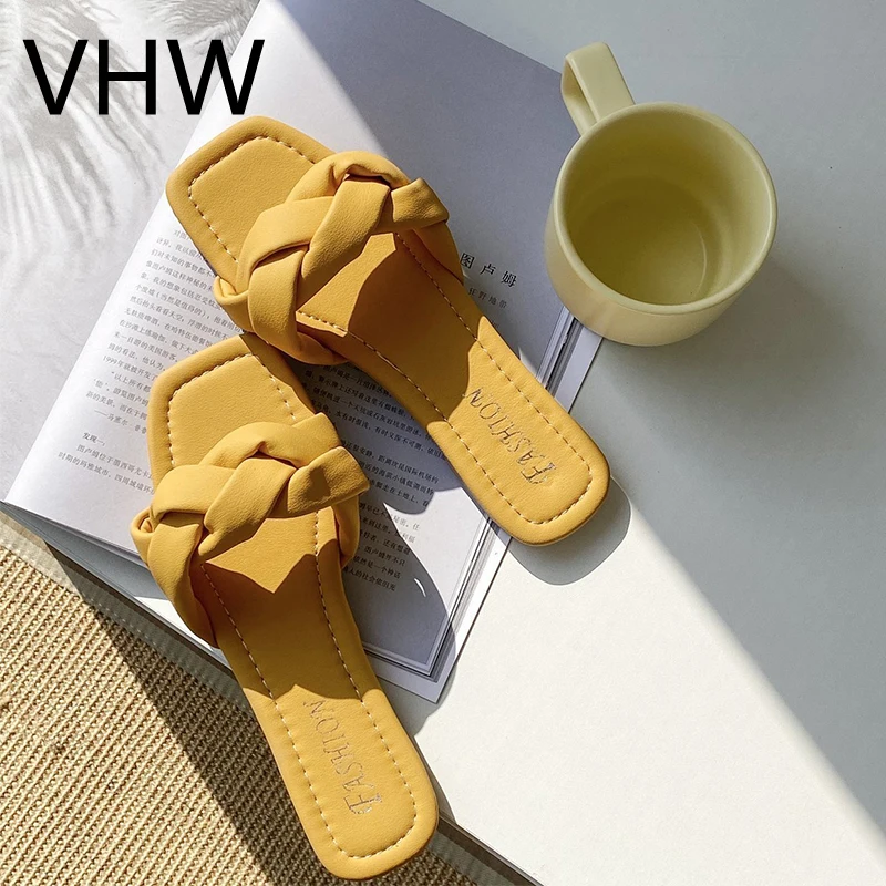 

Women Summer Slippers 2021 Fashion Weavn Flats Elegant Outdoor Square Toe Slippers Casual Female Lightweight Flip Flops Colours