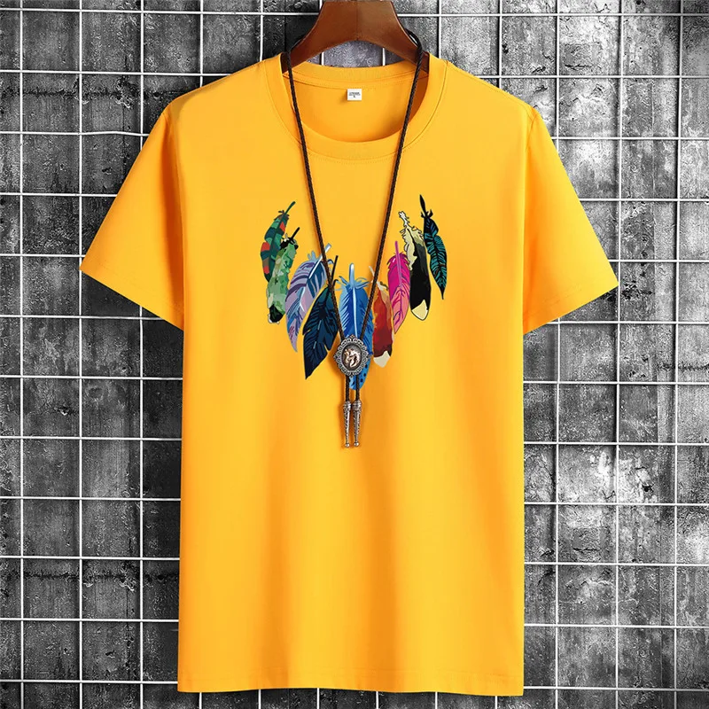 

2021 Men T-shirt 11 colors hip hop Cotton O-Neck Colored feathers Printed clothes Men's High Quality Top Tees Male Streetwear