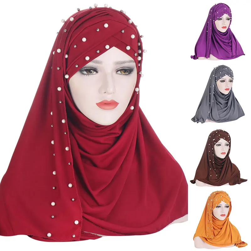 

Two-piece Suit Beads Hijab Scarf Women Elegant Wrap Head Scarves Fashion Soft Headscarf Muslim Classic Comfortable Turban Caps