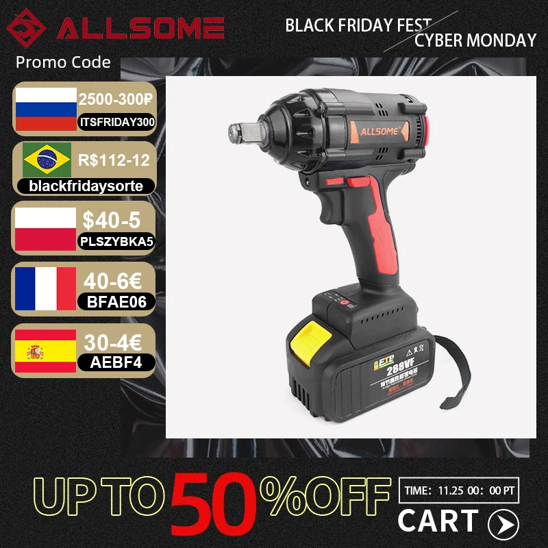 

ALLSOME 288VF 350NM Max Brushless Impact Wrench Li-ion Battery Brushless Motor Electric Wrench Power Tool With Charger Sleeve