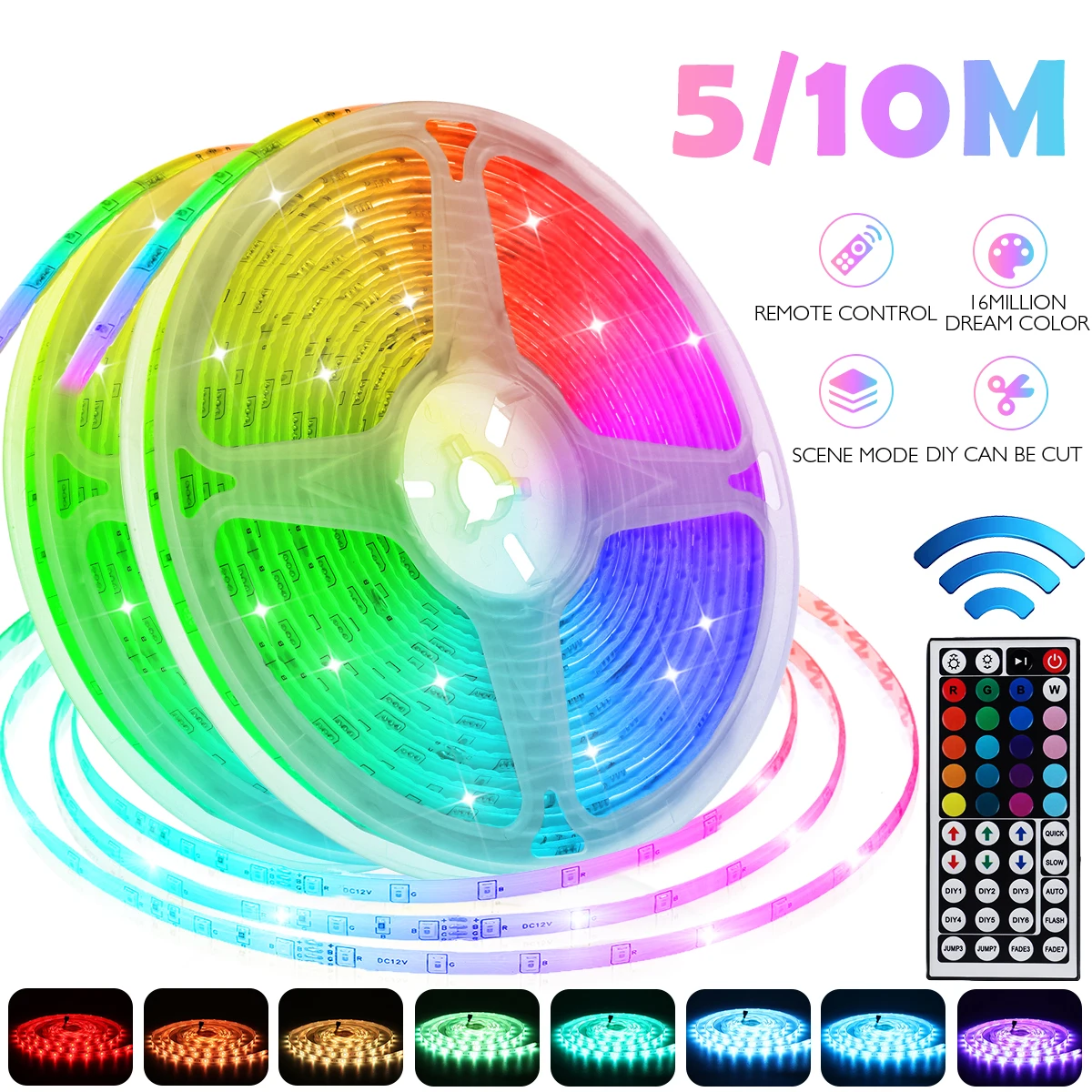 

12V LED Light Strip 5M/10M 16.4ft/32.8ft 5050 RGB 16 Milions Colors Flexible Changing LED Rope Lights with Remote +UK Adapter
