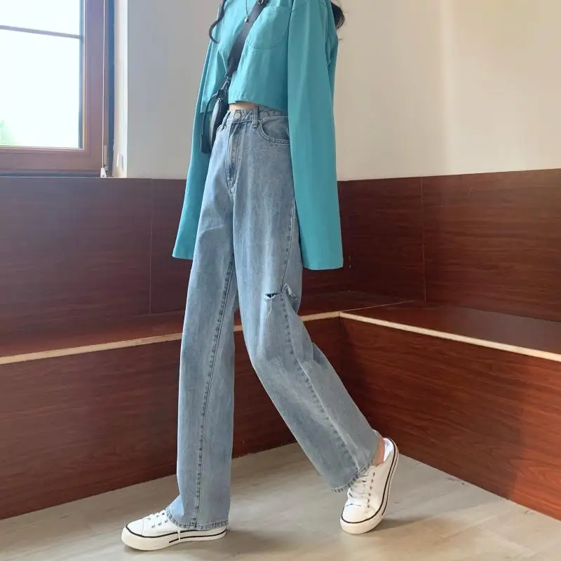 

Jeans Women Ripped Hole Denim Blue Full Trouser Loose Korean Style Female Clothing Student Fashion Streetwear All-match 2XL Chic