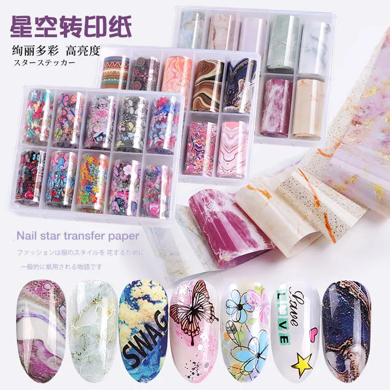 

2021 Trendy Starry Sky/Butterfly/Marble Series Nail Art Transfer Foil Stickers Gold Sally Mesh Foils Paper Nails Accessories